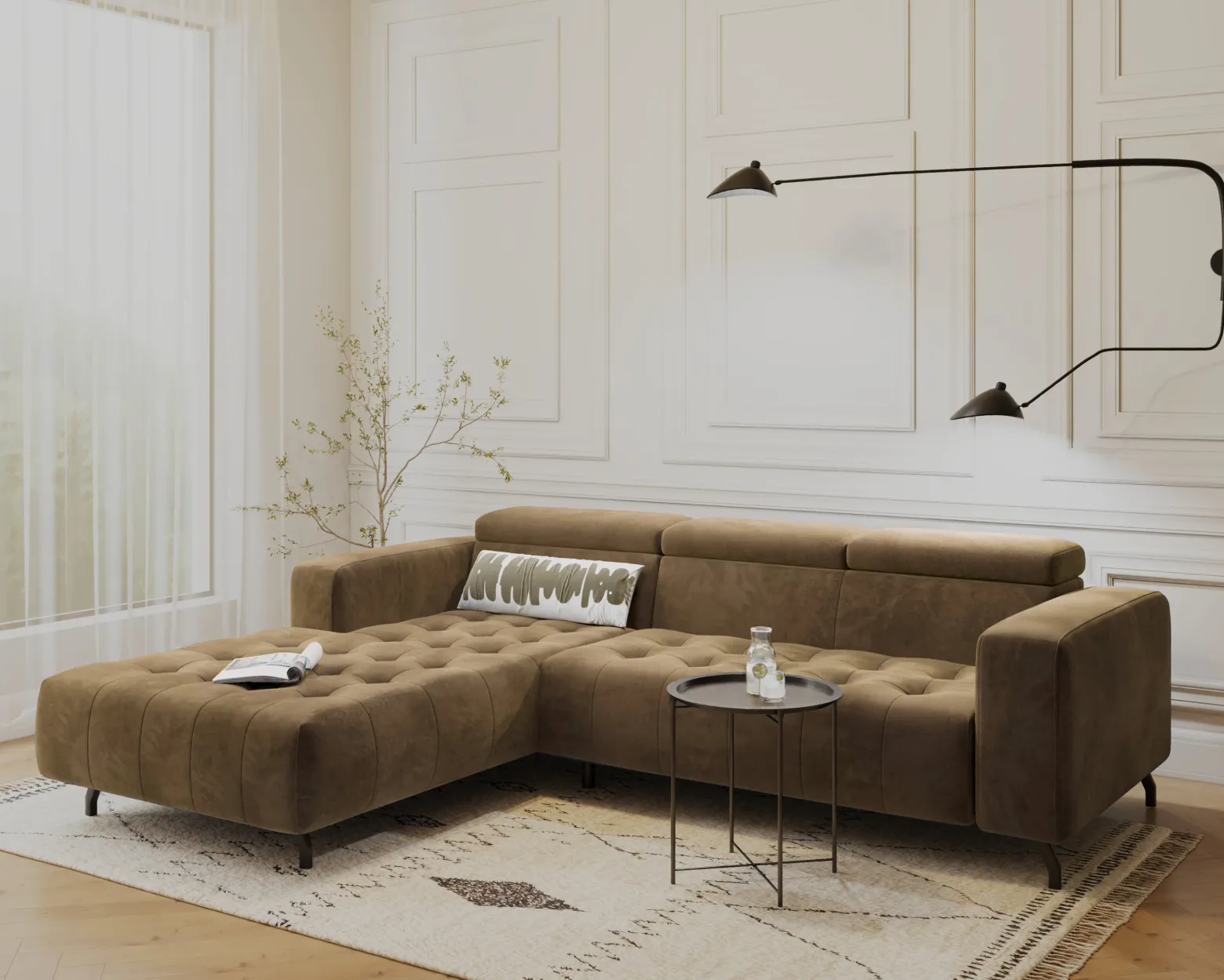 Kanapa Sofa Narożna Narożnik Barbados Regulowane Zagłówki Brązowy Lewy