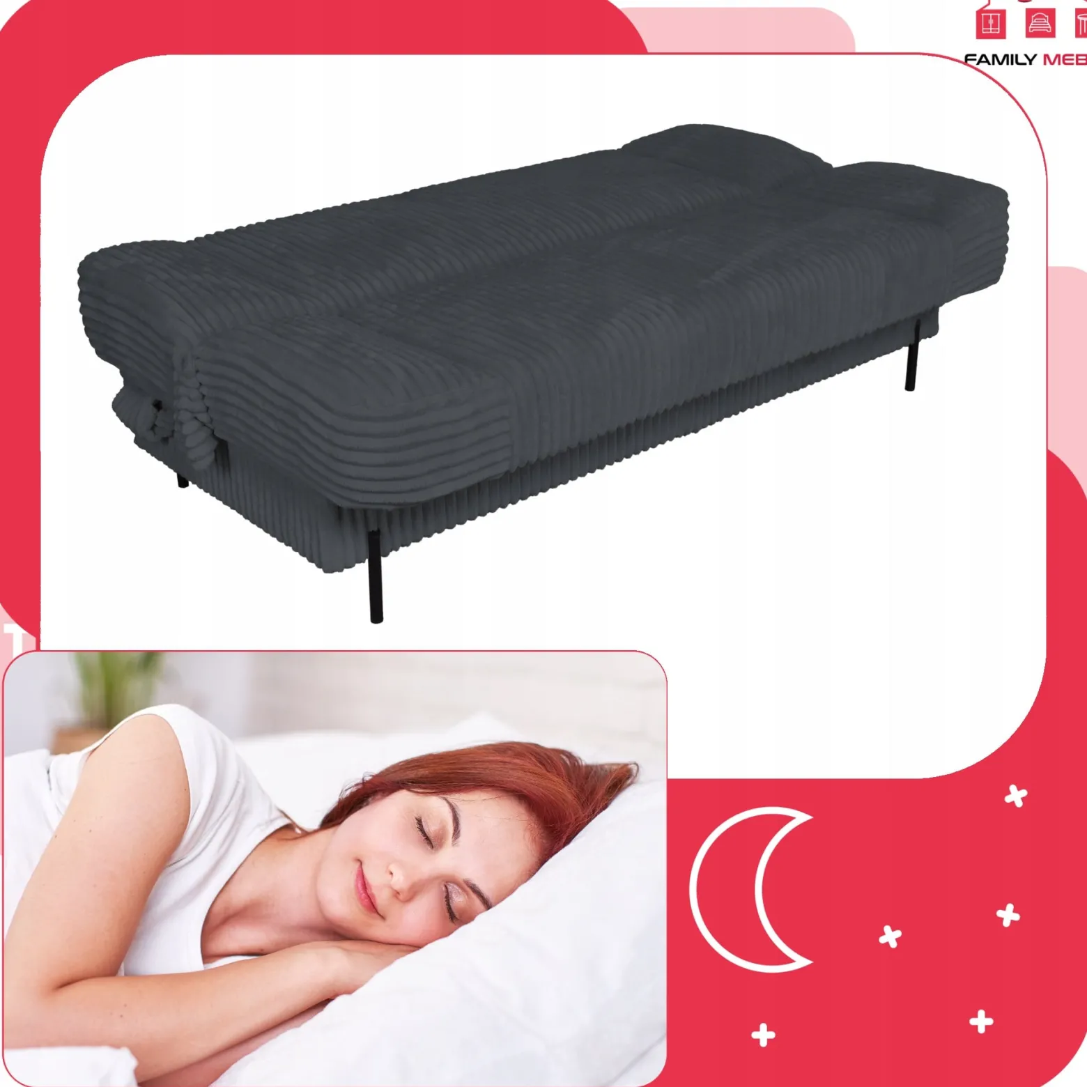 Kanapa sofa Sara rozkładana wersalka do spania Rene Family meble ciem szara