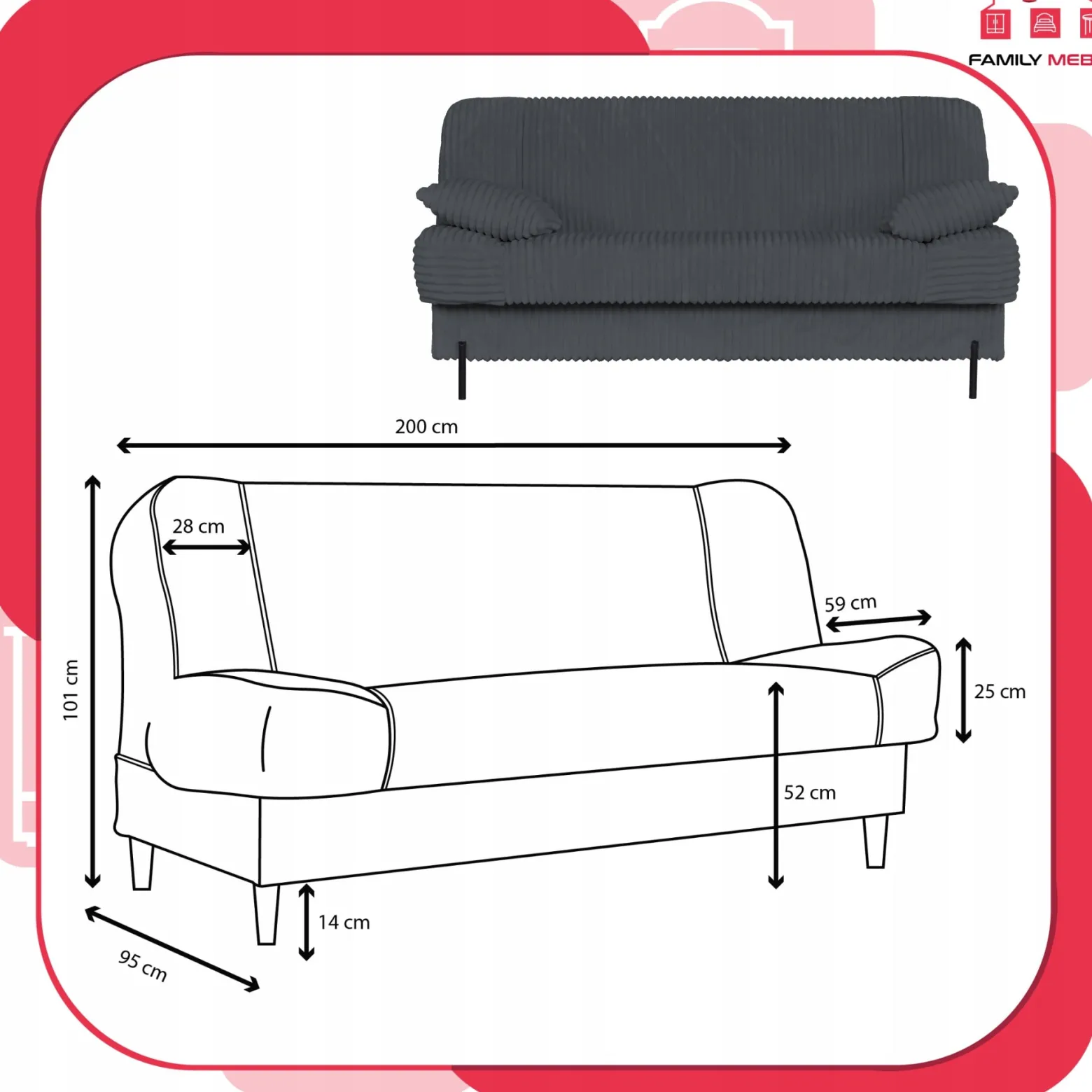 Kanapa sofa Sara rozkładana wersalka do spania Rene Family meble ciem szara