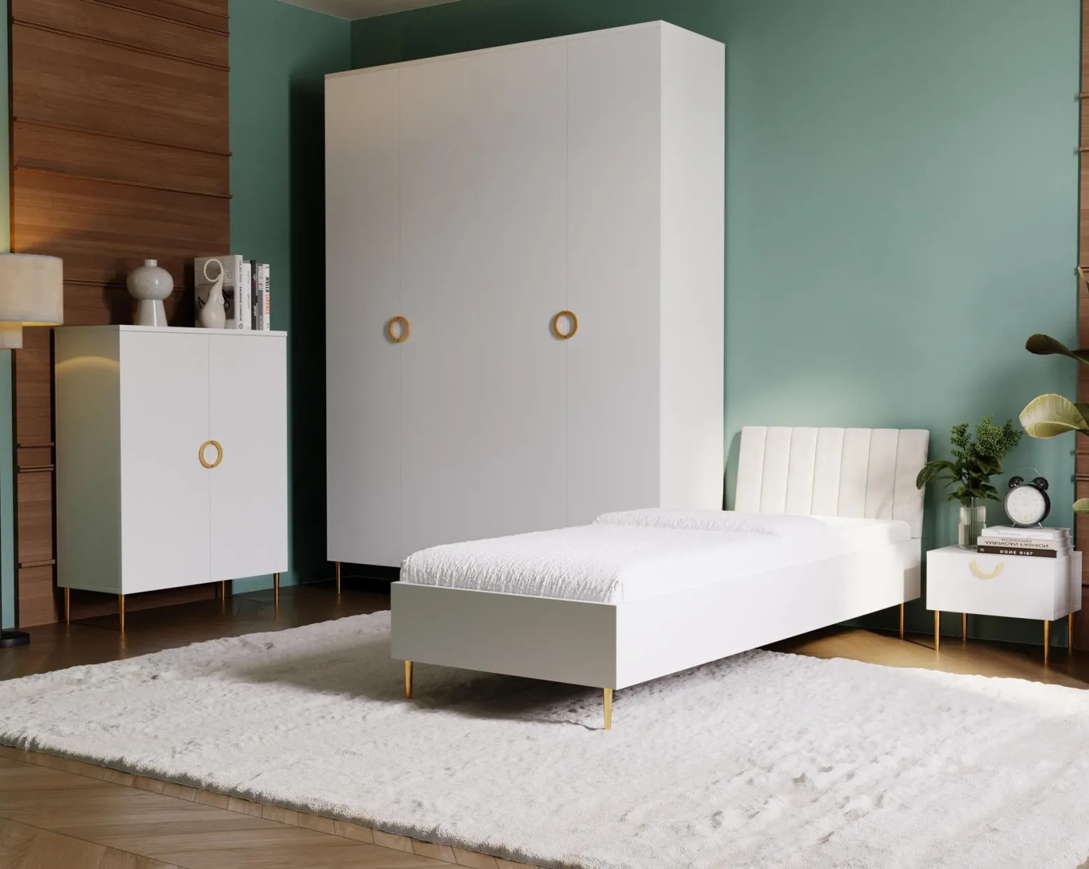 Kaszmirowe łóżko jednoosobowe ALBA 80x200 z tapicerowanym zagłówkiem