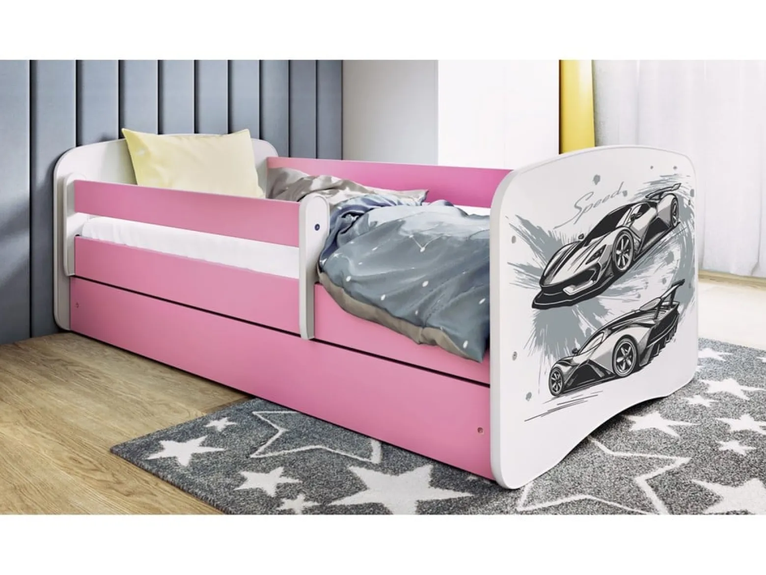 Łóżko Babydreams różowe Auto sportowe z szufladą materac piankowy 180x80
