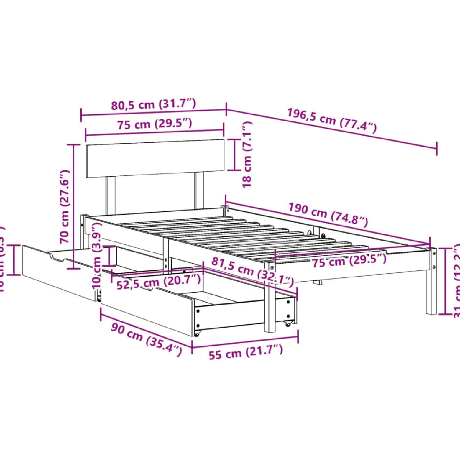 Łóżko drewniane rama łóżka sofa biała do sypialni pokoju 75x190 cm