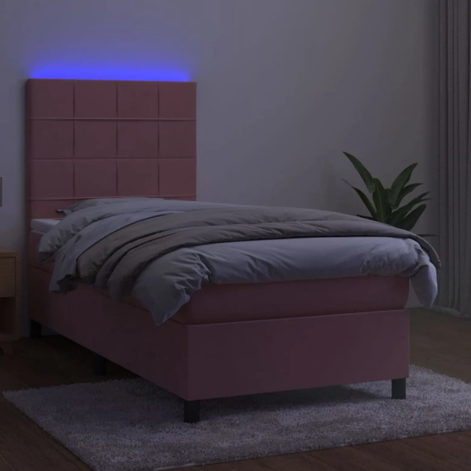 Łóżko kontynentalne z materacem i LED, różowy aksamit 100x200cm