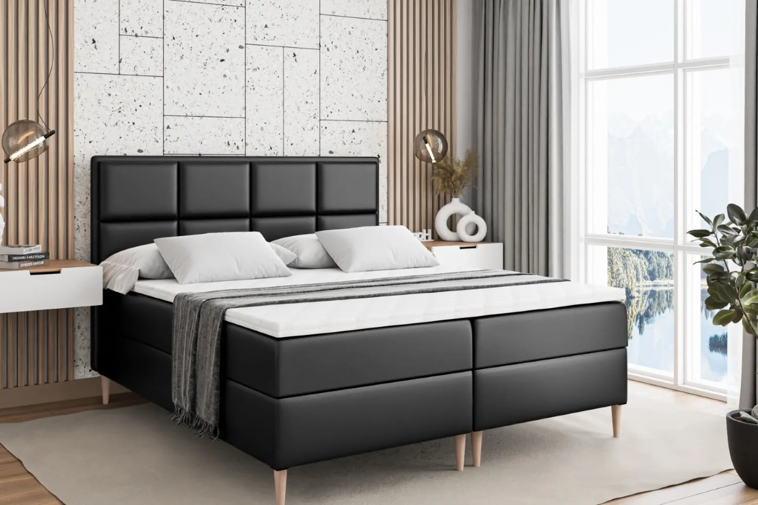Łóżko kontynentalne z pojemnikiem, materacem i nóżkami NOVA-FD 120x200 cm