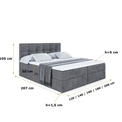Łóżko kontynentalne z pojemnikiem i materacem H3 MARCE - 120x200cm