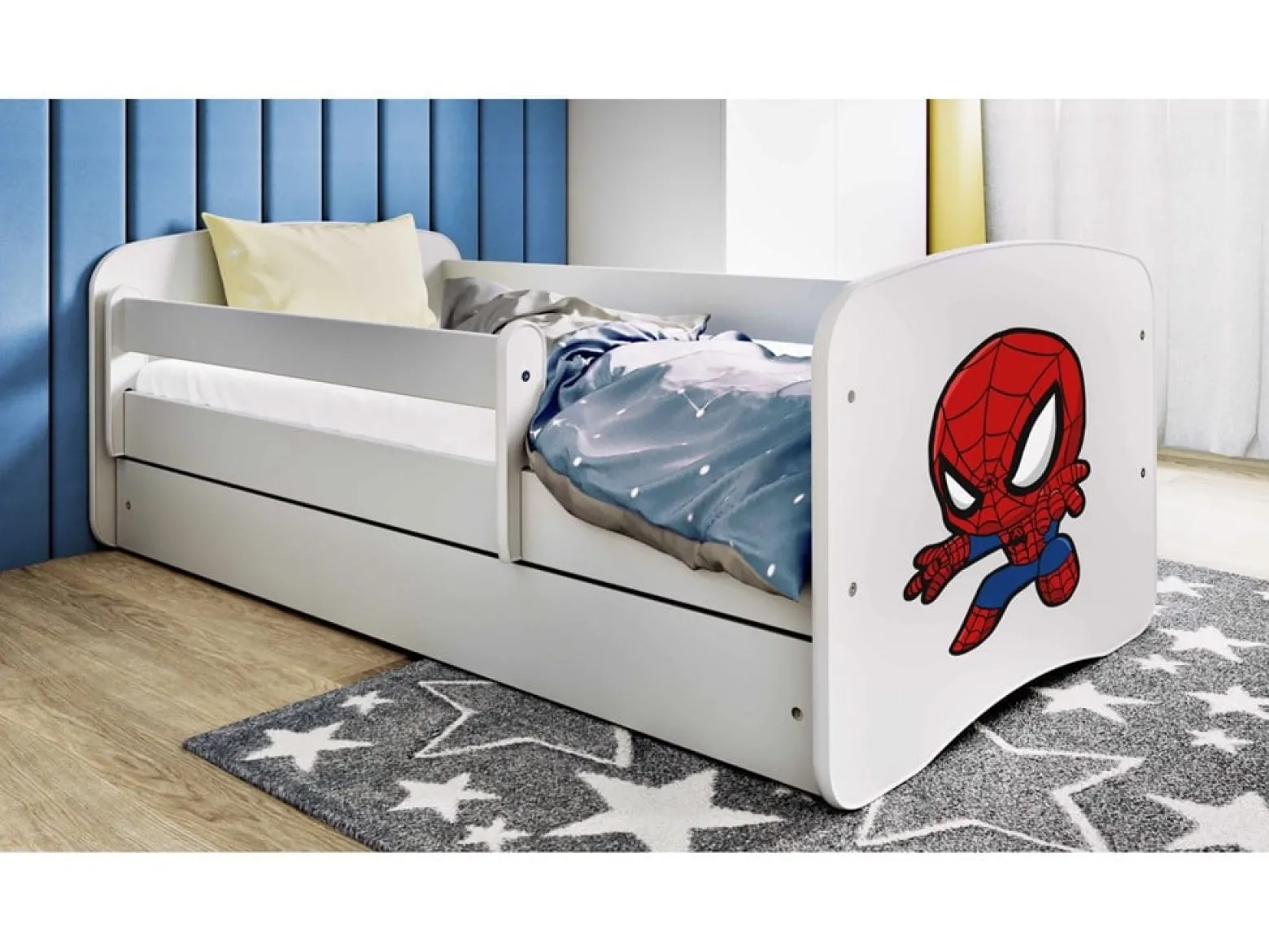 Łóżko Babydreams białe Spiderman z szufladą materac piankowy 140x70