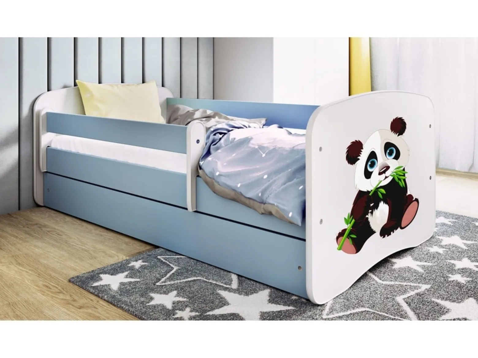 Łóżko Babydreams niebieskie Panda 2 z szufladą materac piankowy 180x80