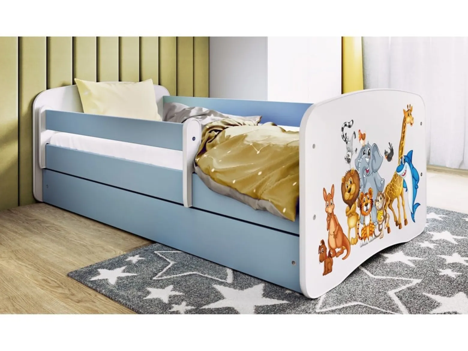 Łóżko Babydreams niebieskie Zwierzęta z szufladą materac piankowy 180x80