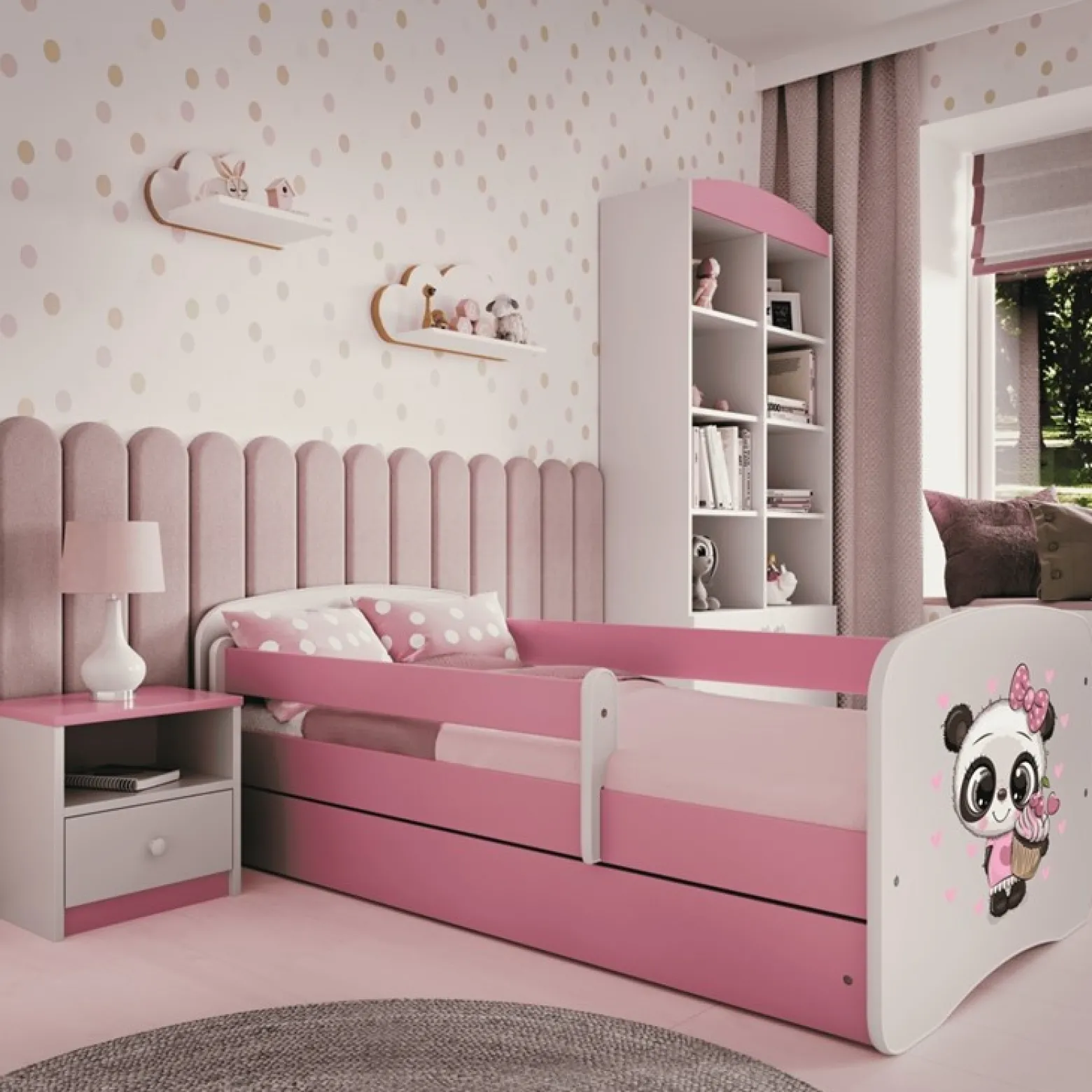 Łóżko Babydreams różowe Panda z szufladą materac piankowy 160x80