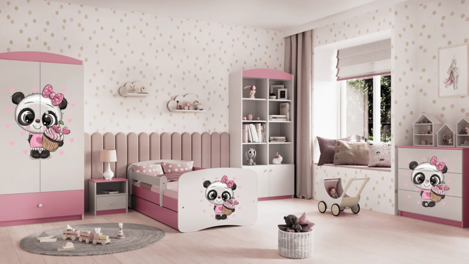 Łóżko Babydreams różowe Panda z szufladą materac piankowy 160x80