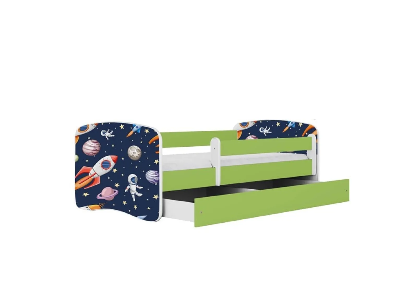 Łóżko Babydreams zielone Kosmos z szufladą materac piankowy 140x70