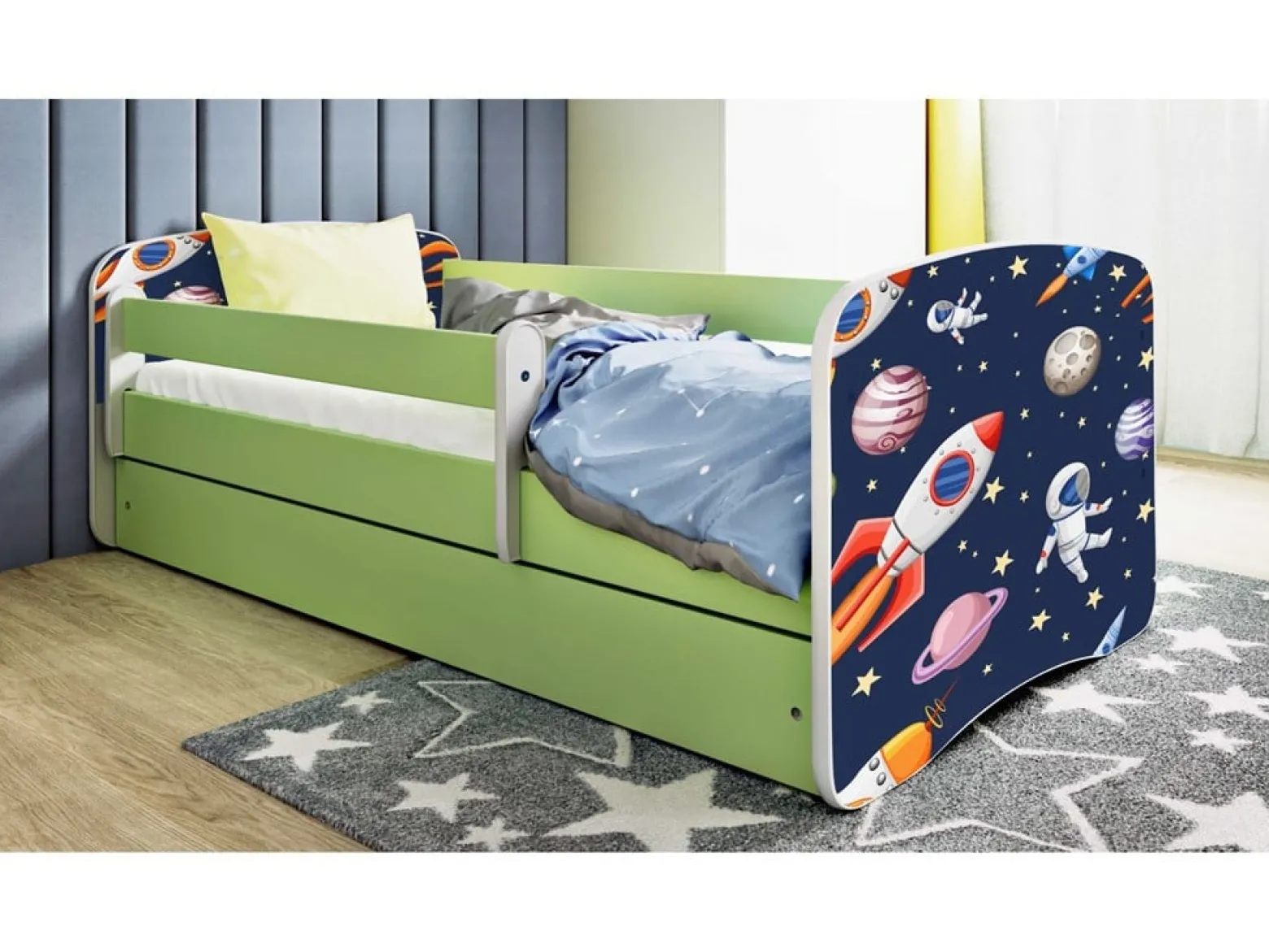 Łóżko Babydreams zielone Kosmos z szufladą materac piankowy 140x70