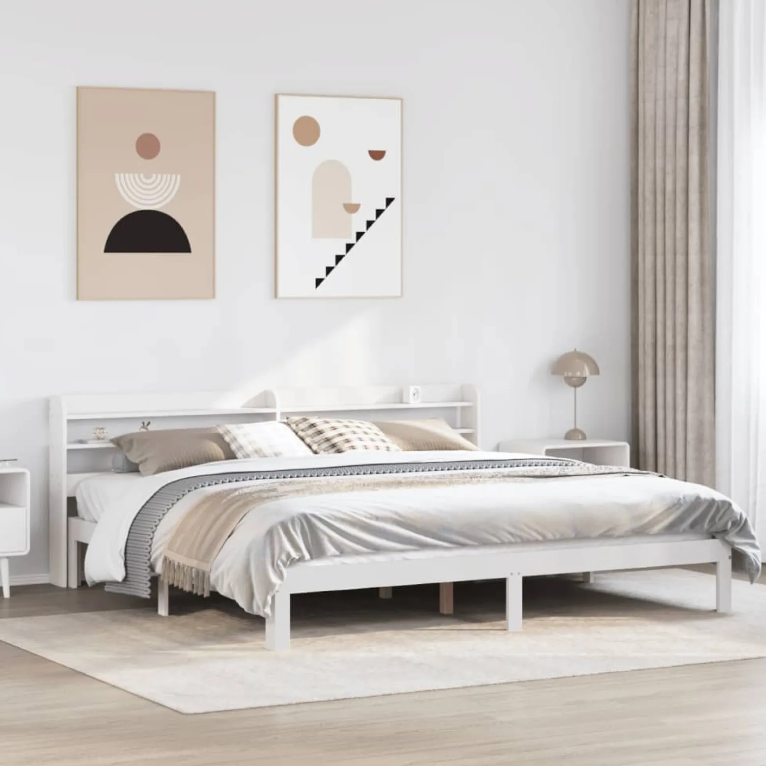 Łóżko Białe Rama Łóżka Ze Stelażem Do Sypialni Pokoju 200x200 cm