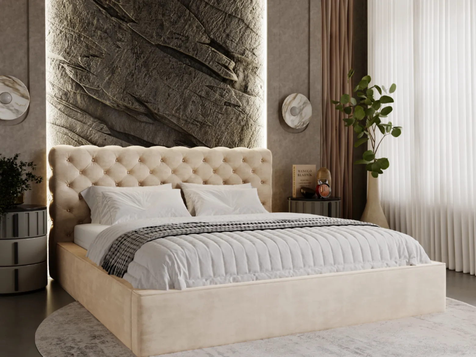 Łóżko chesterfield APOLLO 180x200 beżowe z pojemnikiem