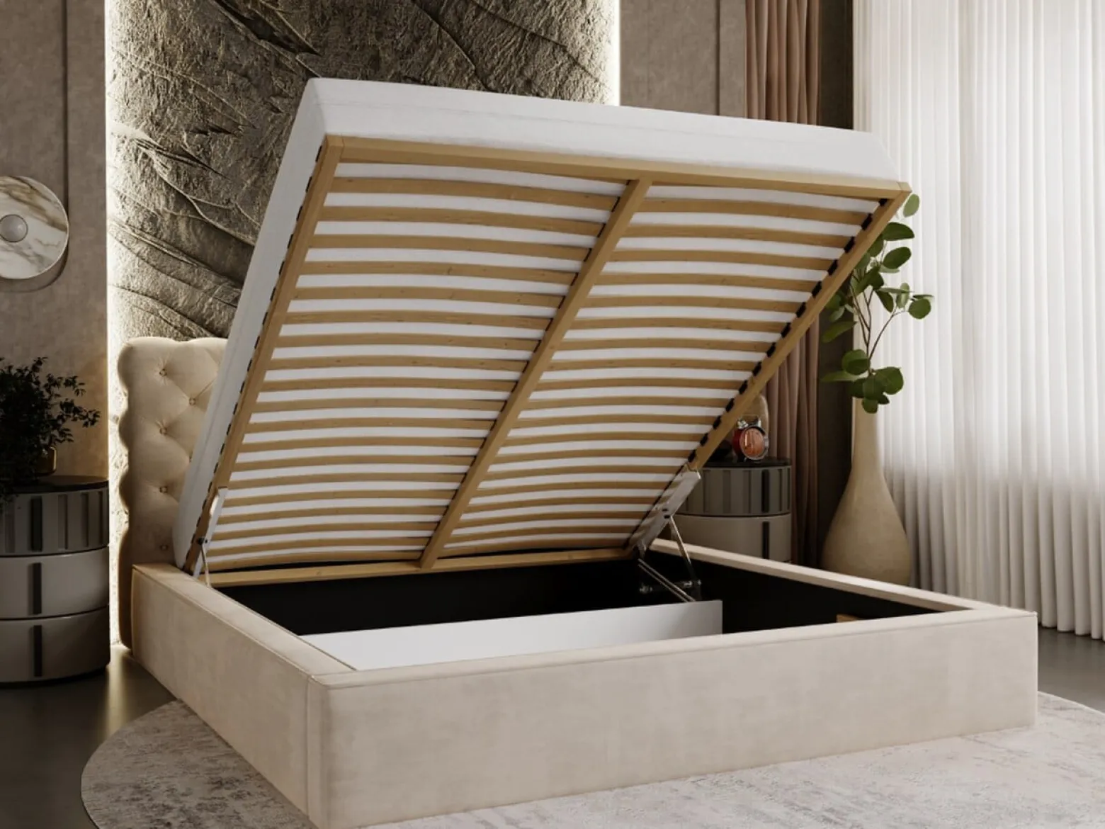 Łóżko chesterfield APOLLO 180x200 beżowe z pojemnikiem