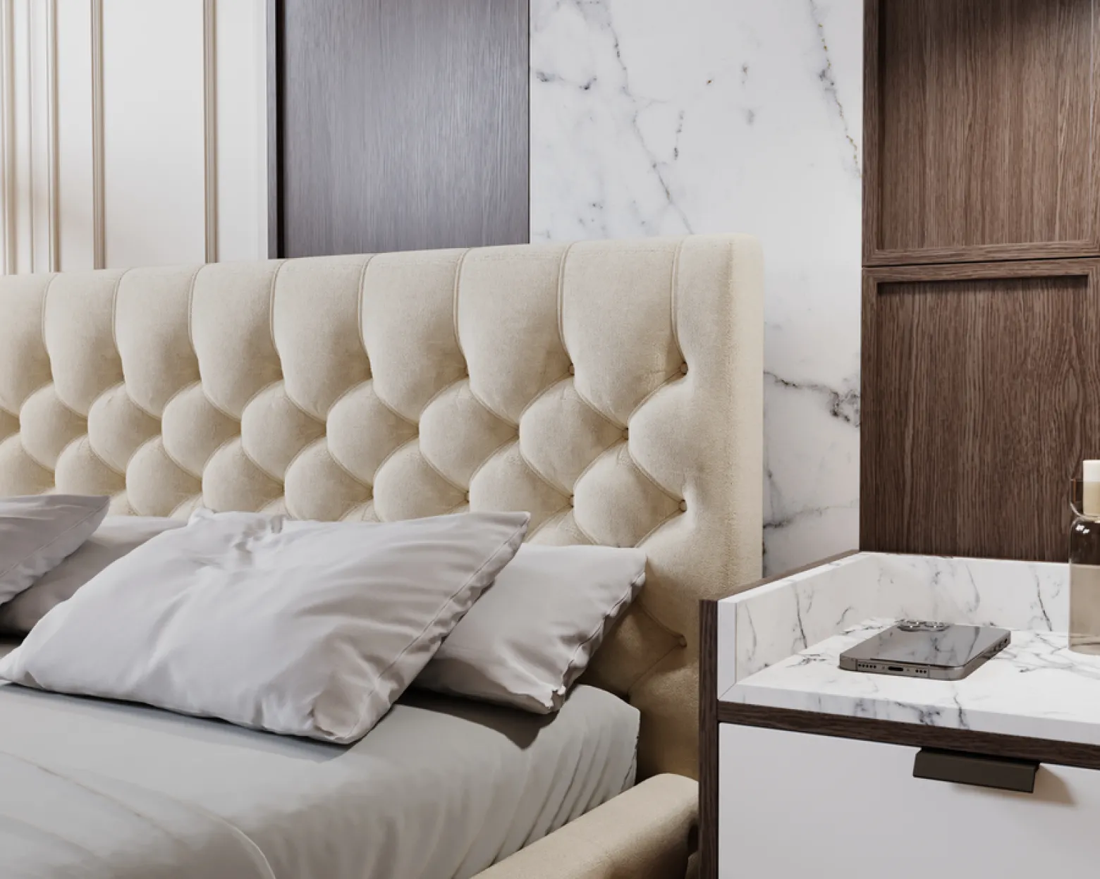 Łóżko chesterfield 140x200 Elira, stelaż metalowy, pojemnik - Beżowy