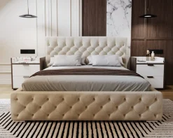 Łóżko chesterfield 140x200 Elira, stelaż metalowy, pojemnik - Beżowy