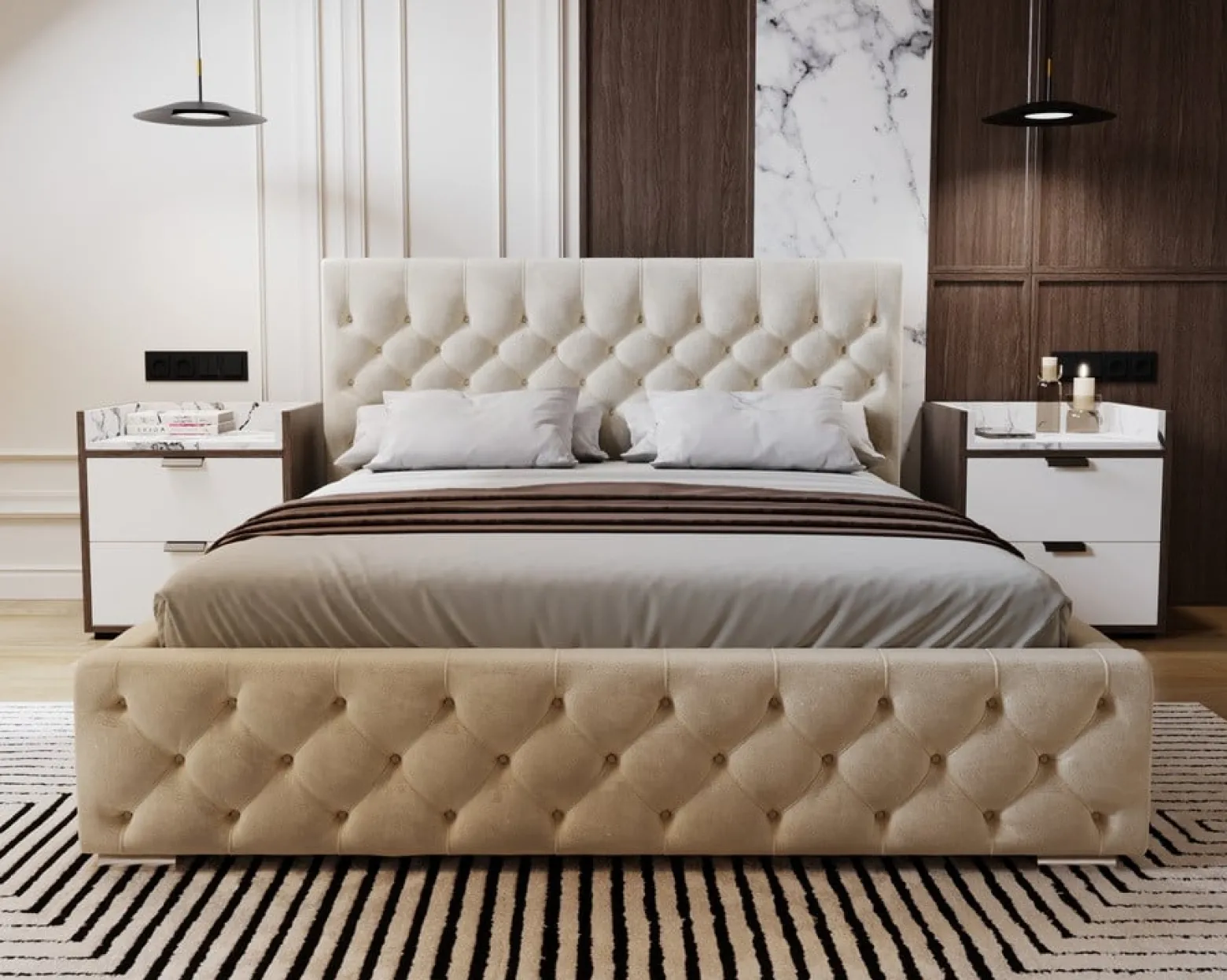 Łóżko chesterfield 140x200 Elira, stelaż metalowy, pojemnik - Beżowy
