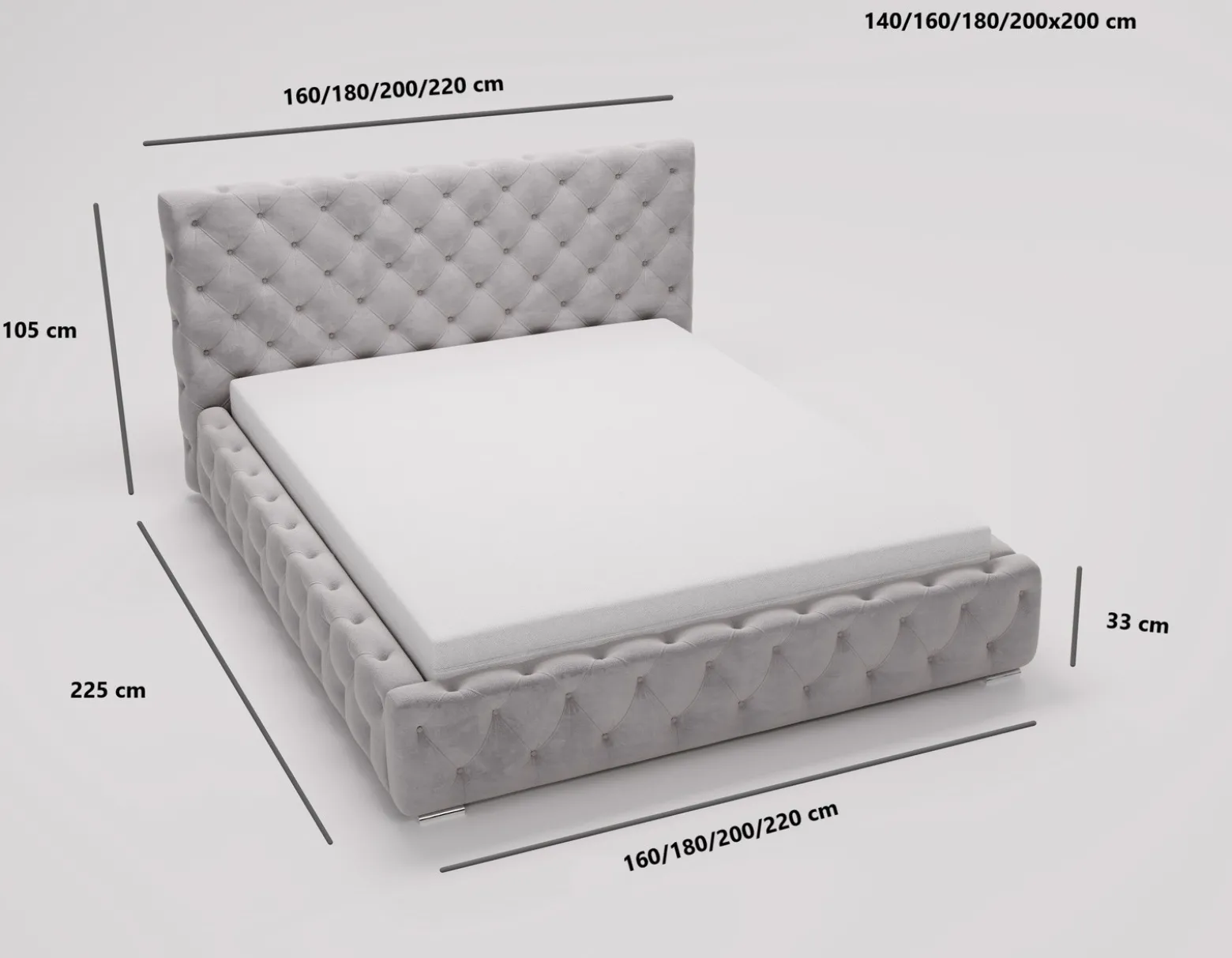 Łóżko chesterfield 140x200 Glory, stelaż metalowy, pojemnik - Jasny szary