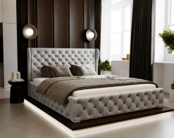 Łóżko chesterfield 140x200 Vivaro z pojemnikiem i stelażem - Jasny szary