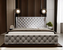 Łóżko chesterfield 140x200 Vivaro z pojemnikiem i stelażem - Jasny szary