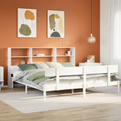 Łóżko Drewniane z Regałem Rama Łóżka Ze Stelażem Biała 180x200 cm