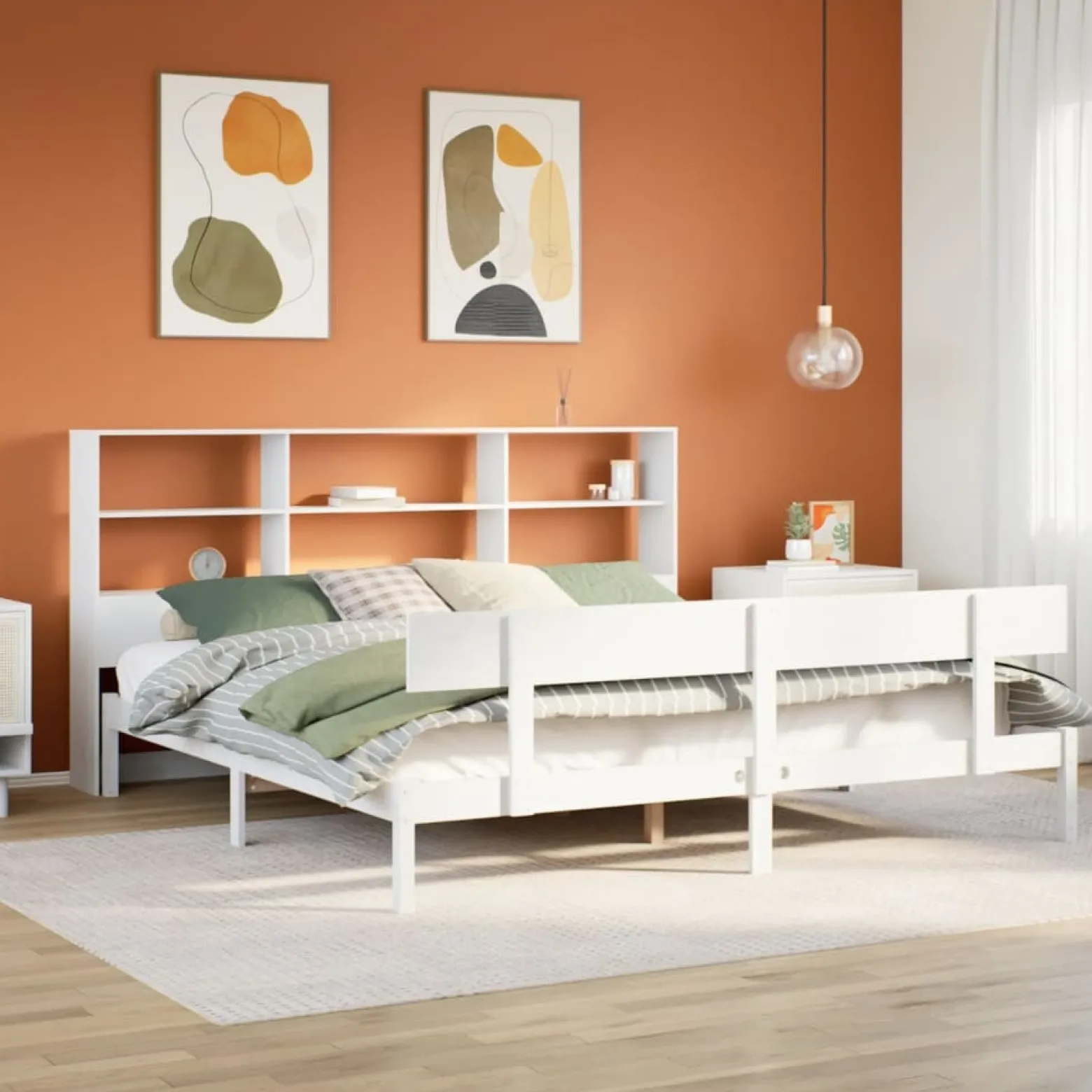 Łóżko Drewniane z Regałem Rama Łóżka Ze Stelażem Biała 180x200 cm