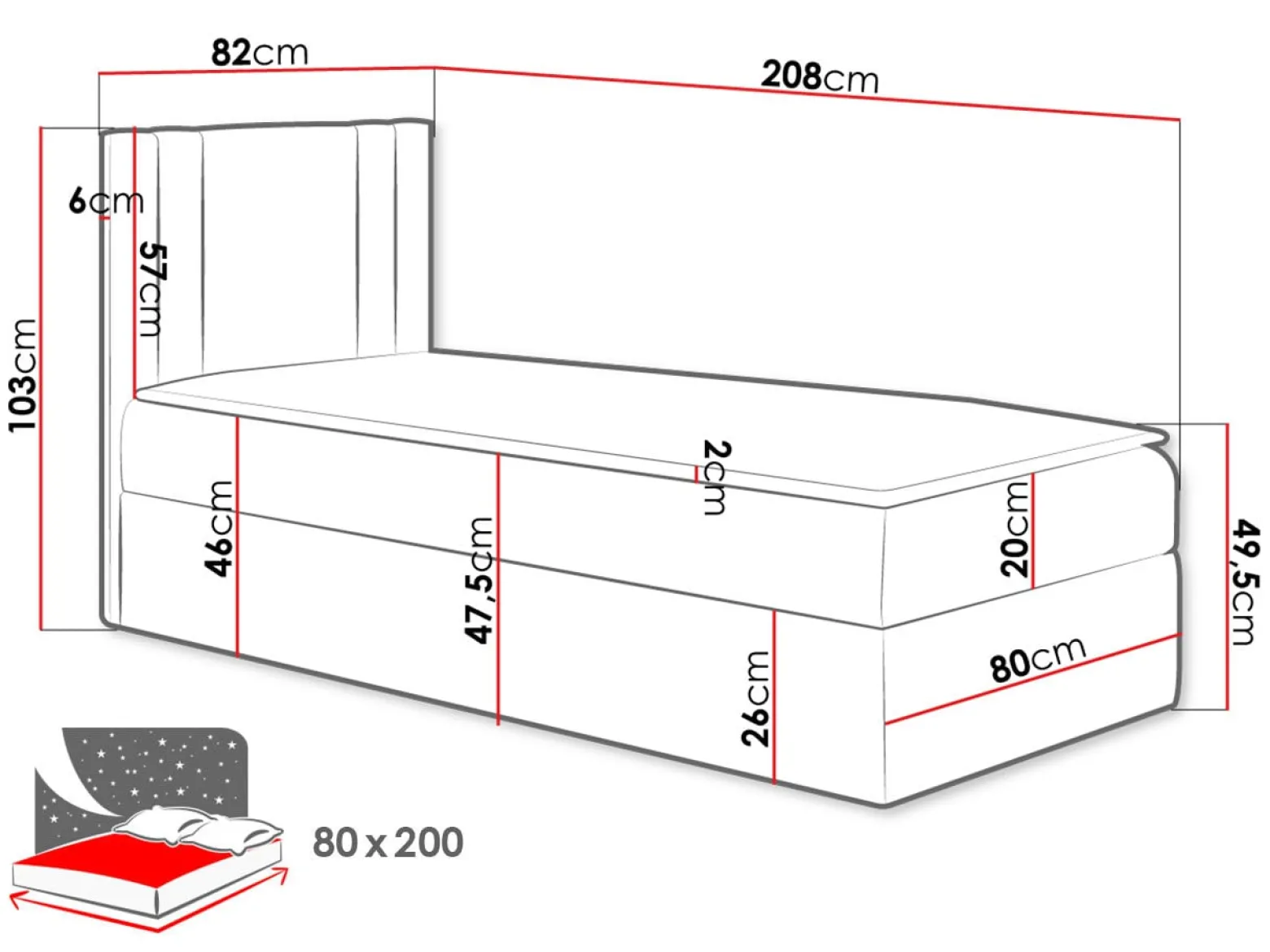 Łóżko kontynentalne Carmen Mini 80x200, Strona: Prawa