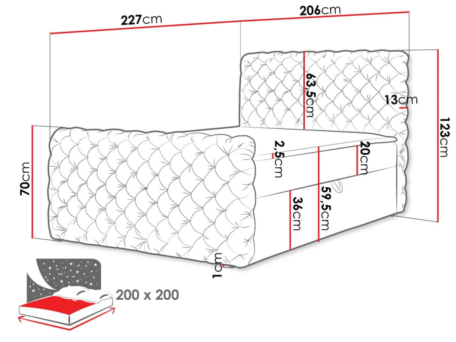 Łóżko kontynentalne Chesterfield Lux 200x200