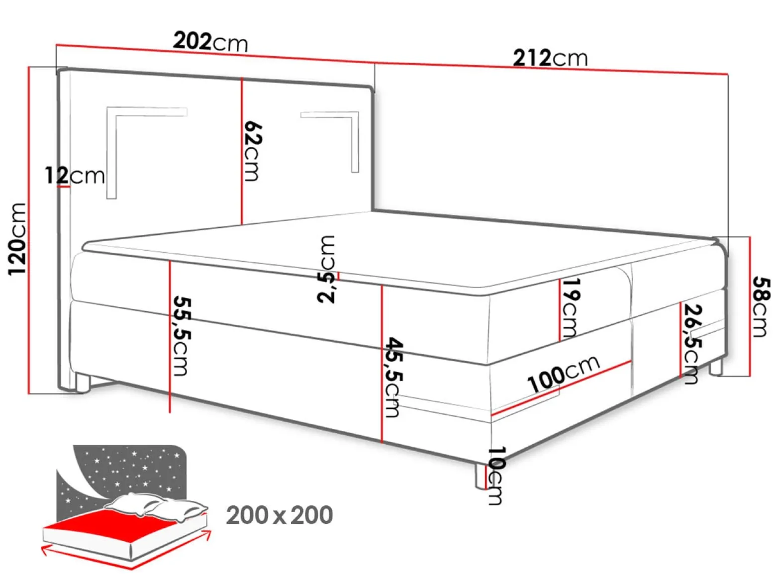 Łóżko kontynentalne Delos LED 200x200