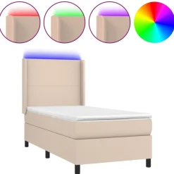 Łóżko kontynentalne, materac i LED cappuccino ekoskóra 90x190cm
