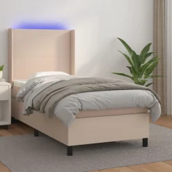 Łóżko kontynentalne, materac i LED cappuccino ekoskóra 90x190cm