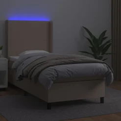 Łóżko kontynentalne, materac i LED cappuccino ekoskóra 90x190cm