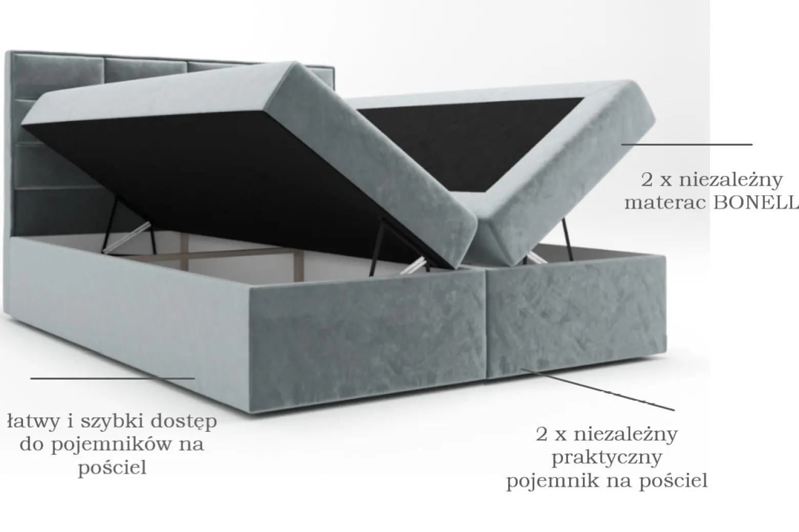 Łóżko Kontynentalne + Materac + Pojemniki Bonito Szary 140