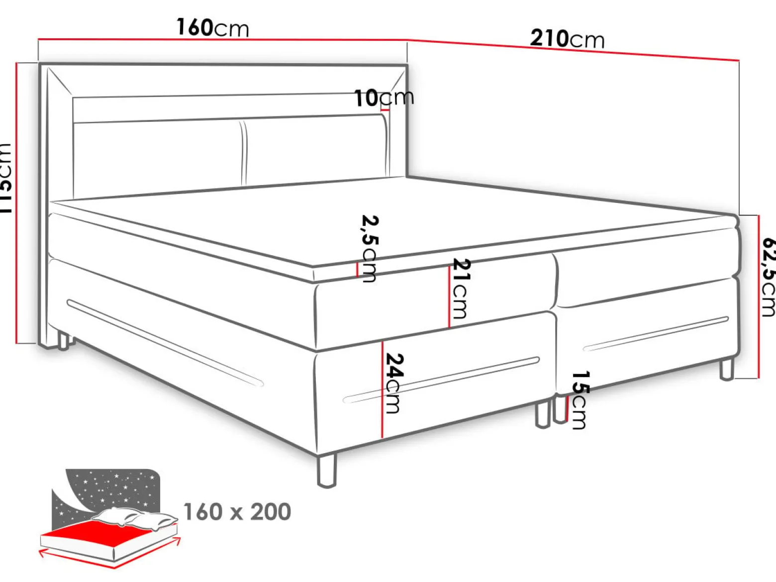 Łóżko kontynentalne Milano LED 160x200
