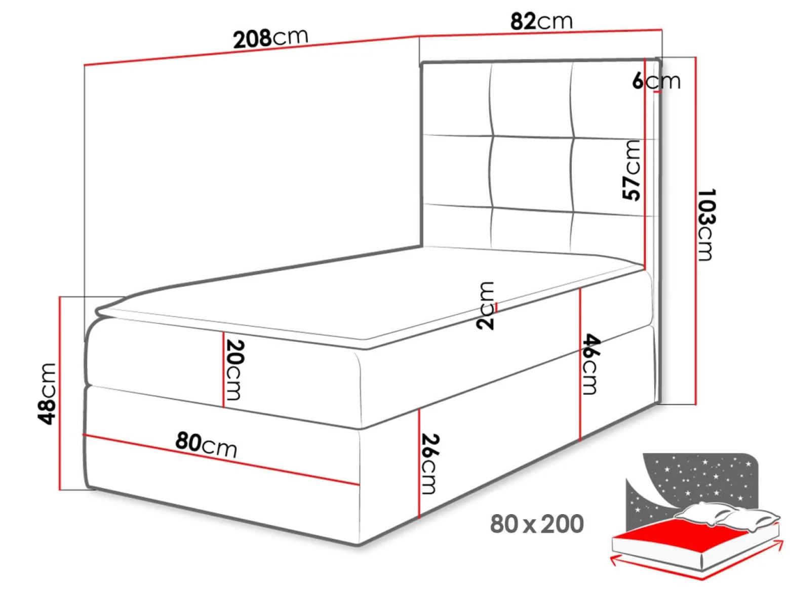 Łóżko kontynentalne Mini 2 80x200, Strona: Prawa