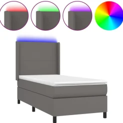 Łóżko kontynentalne z materacem i LED, szara ekoskóra 90x190 cm
