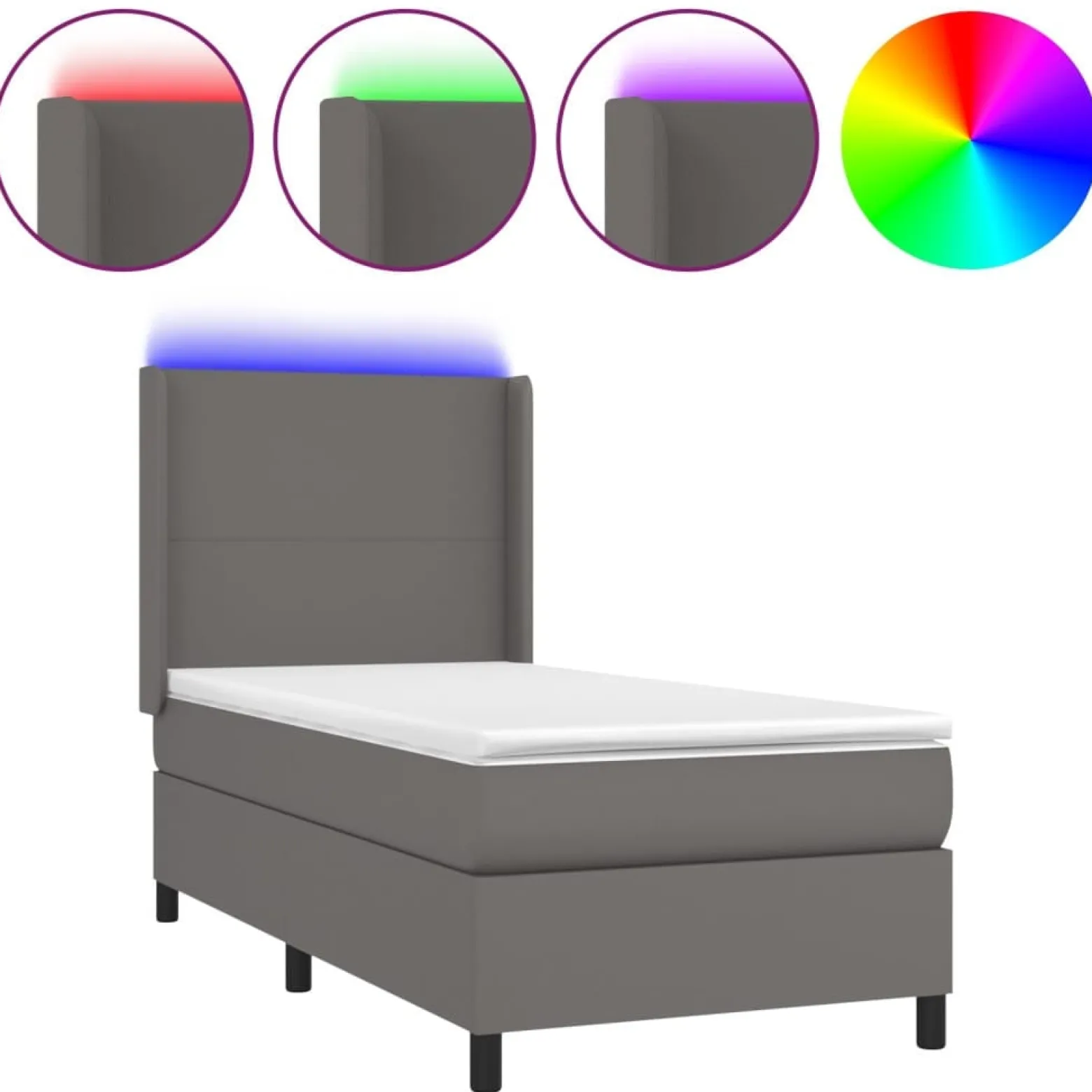 Łóżko kontynentalne z materacem i LED, szara ekoskóra 90x190 cm