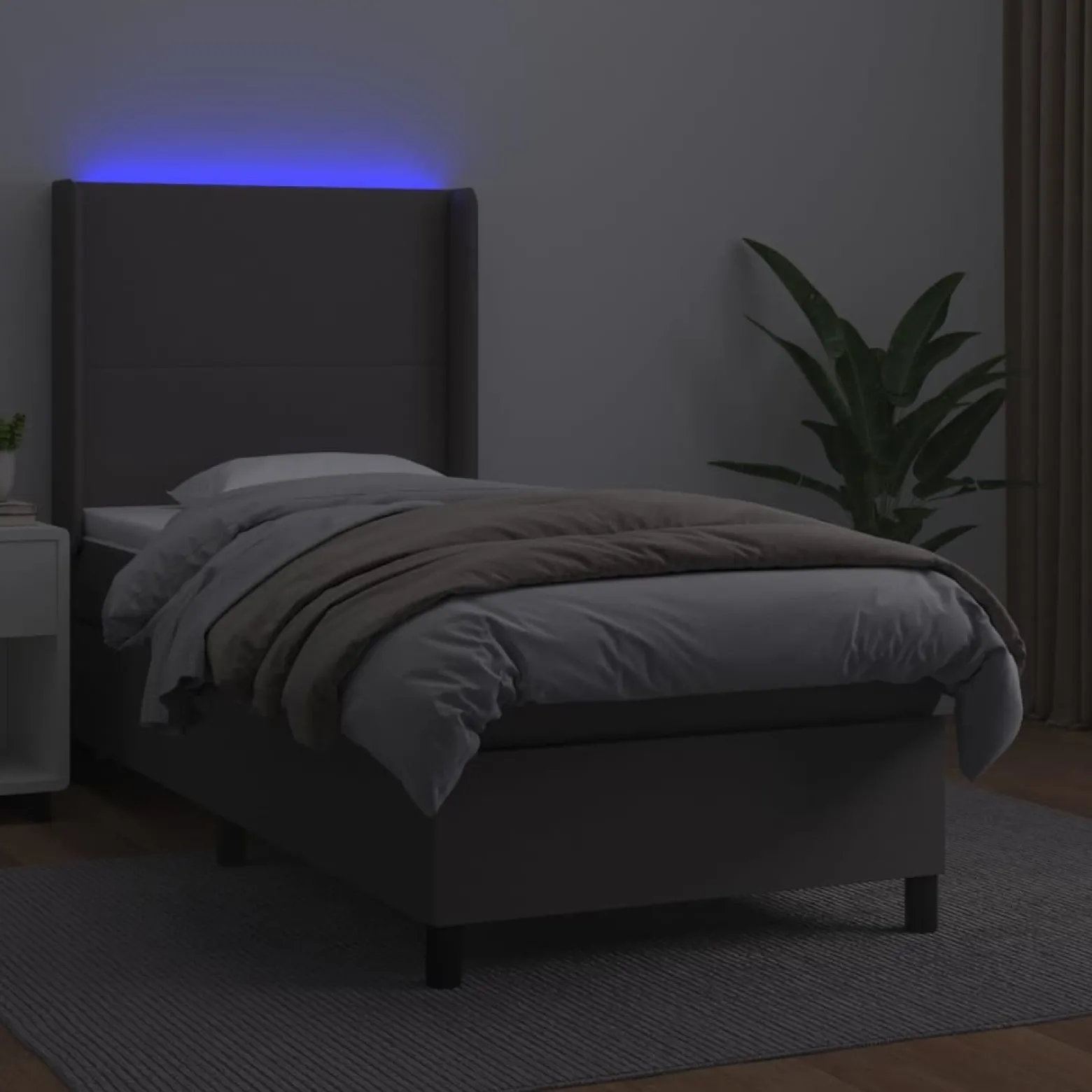 Łóżko kontynentalne z materacem i LED, szara ekoskóra 90x190 cm