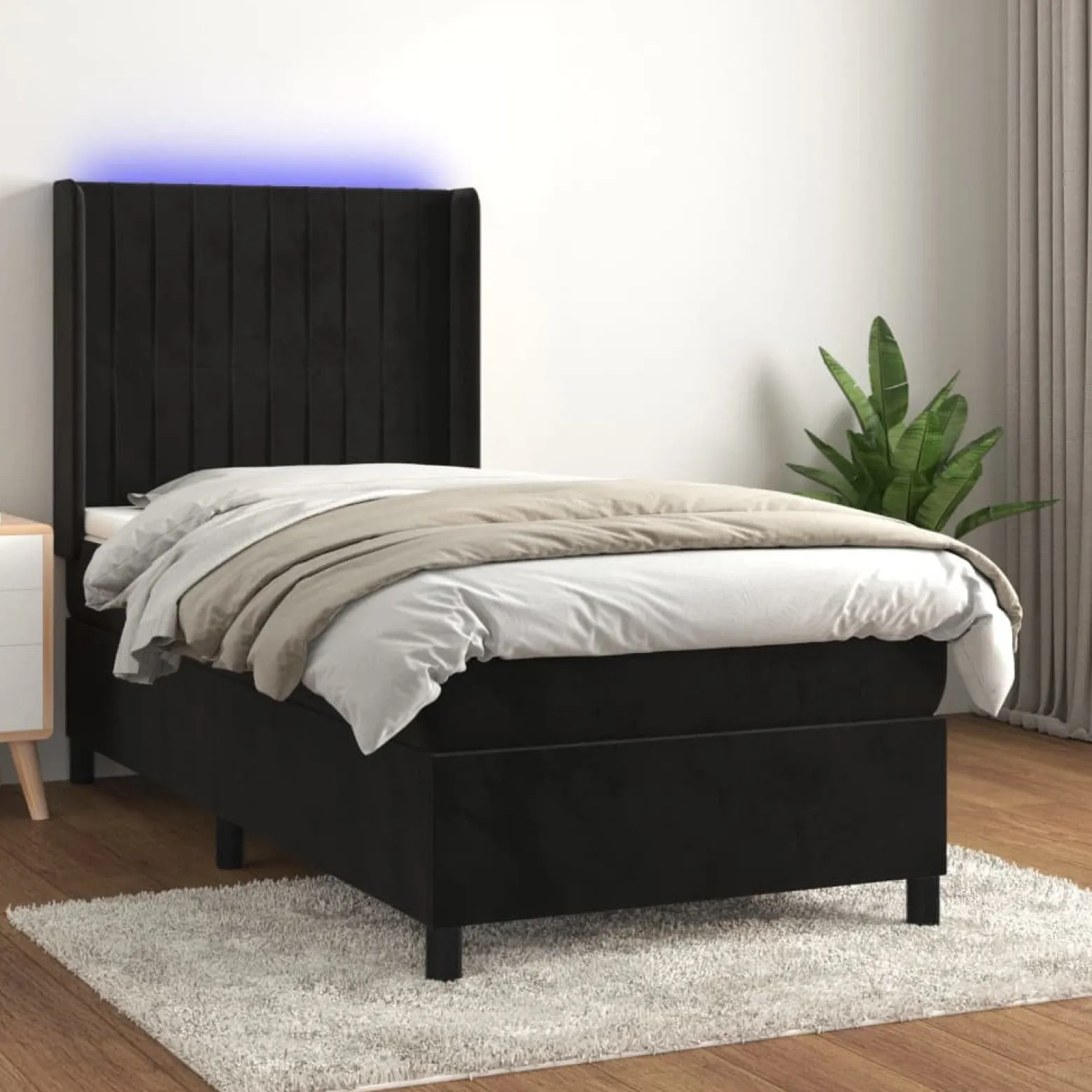 Łóżko kontynentalne z materacem i LED czarny aksamit 90x200