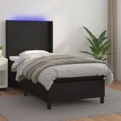 Łóżko kontynentalne z materacem i LED czarna ekoskóra 90x190 cm