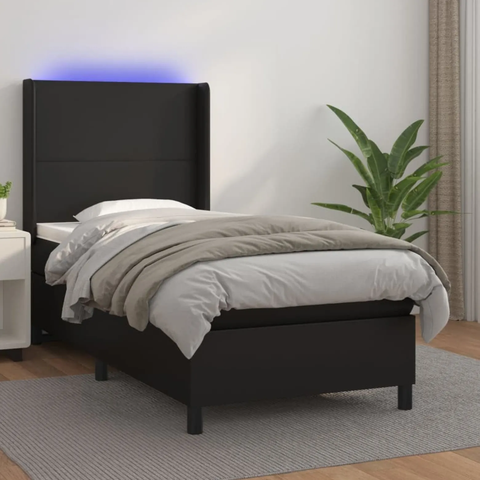 Łóżko kontynentalne z materacem i LED czarna ekoskóra 90x190 cm