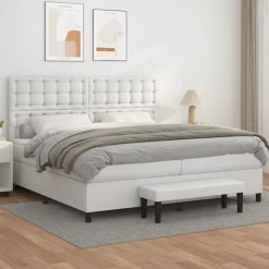 Łóżko Kontynentalne z Materacem Białe Ekoskóra do Sypialni 200x200 cm