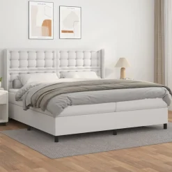 Łóżko Kontynentalne z Materacem Białe Ekoskóra do Sypialni 200x200 cm