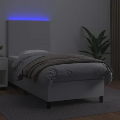 Łóżko kontynentalne z materacem LED, biała ekoskóra 90x200