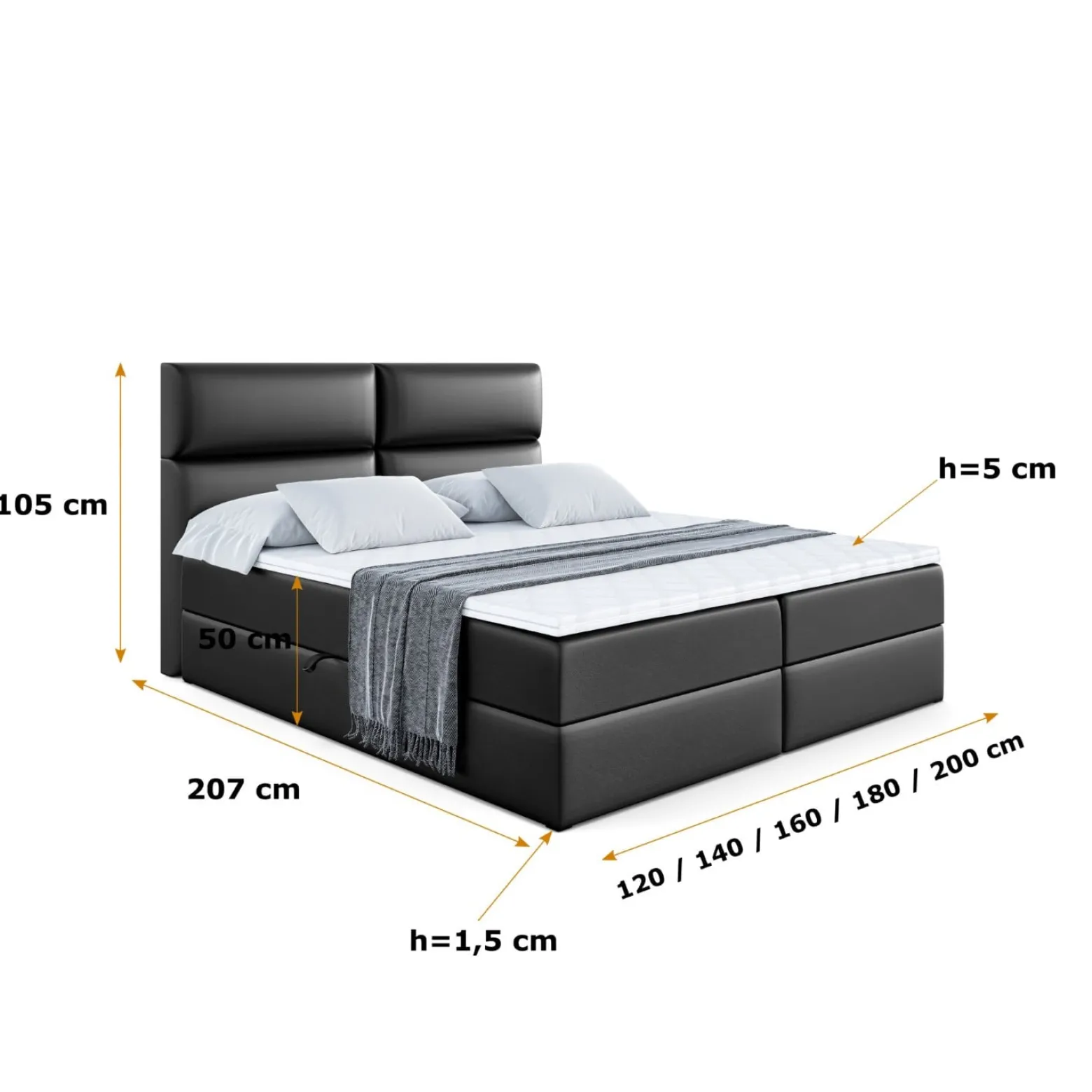 Łóżko kontynentalne z pojemnikiem i materacem H3 BOXI3 - 120 x 200 cm