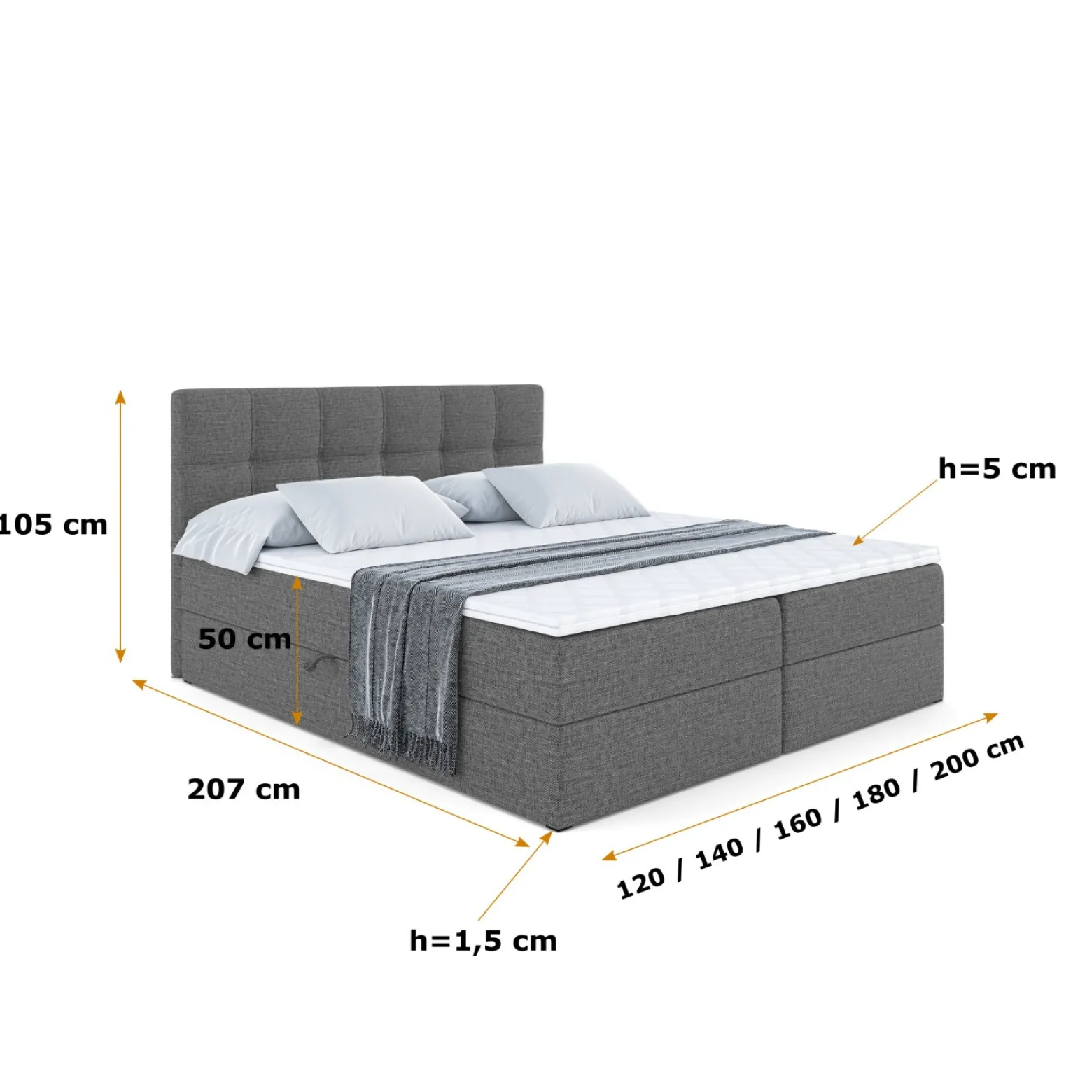 Łóżko kontynentalne z pojemnikiem i materacem H3 MARCE - 160x200cm