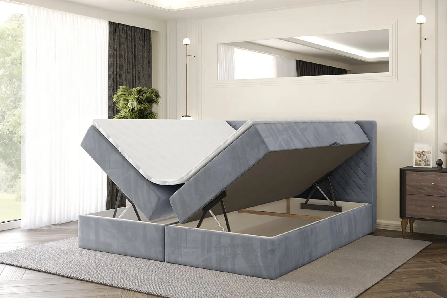Łóżko kontynentalne z pojemnikiem i materacem H3 - VEXA - 120x200cm