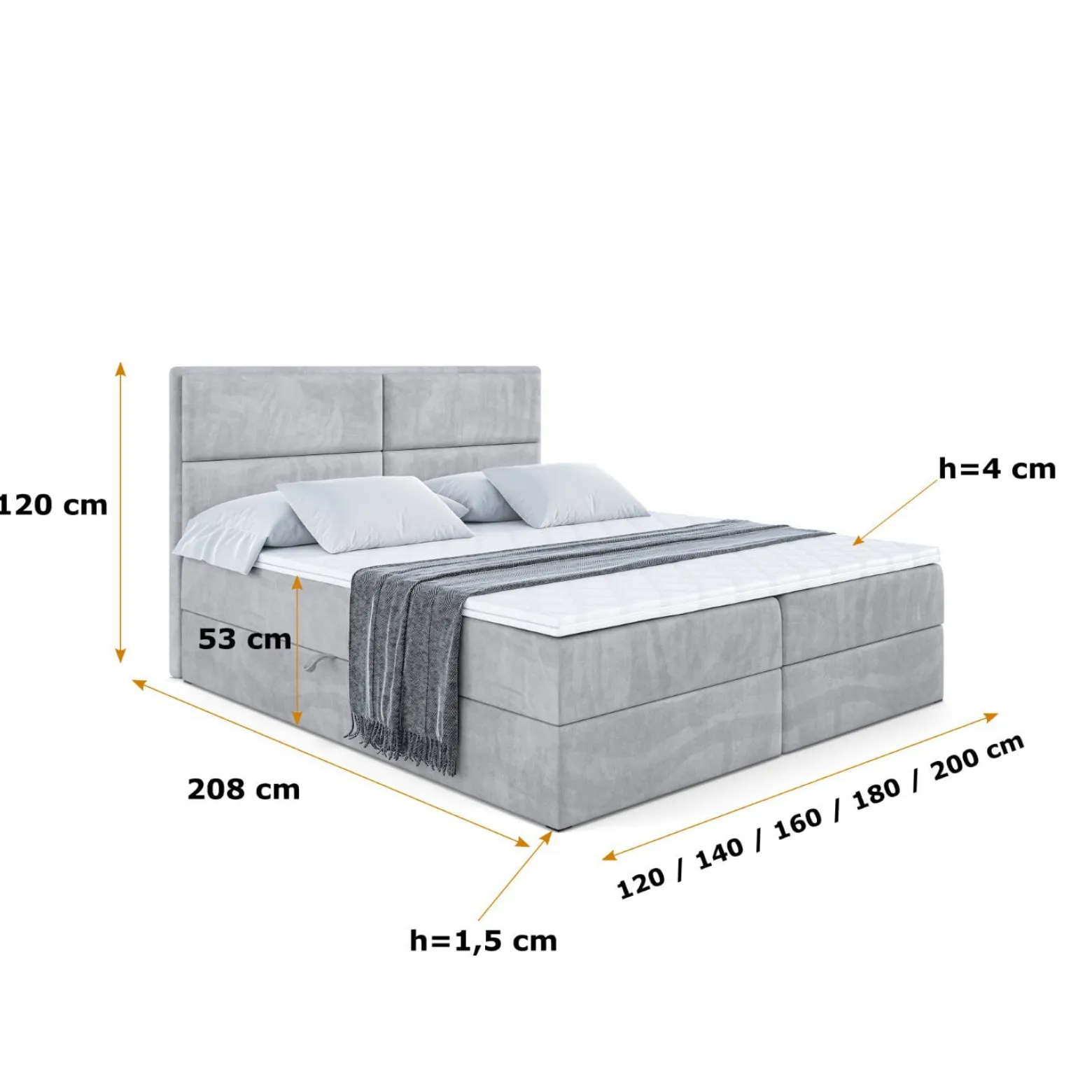 Łóżko kontynentalne z pojemnikiem i materacem H3 AURA - 120x200cm