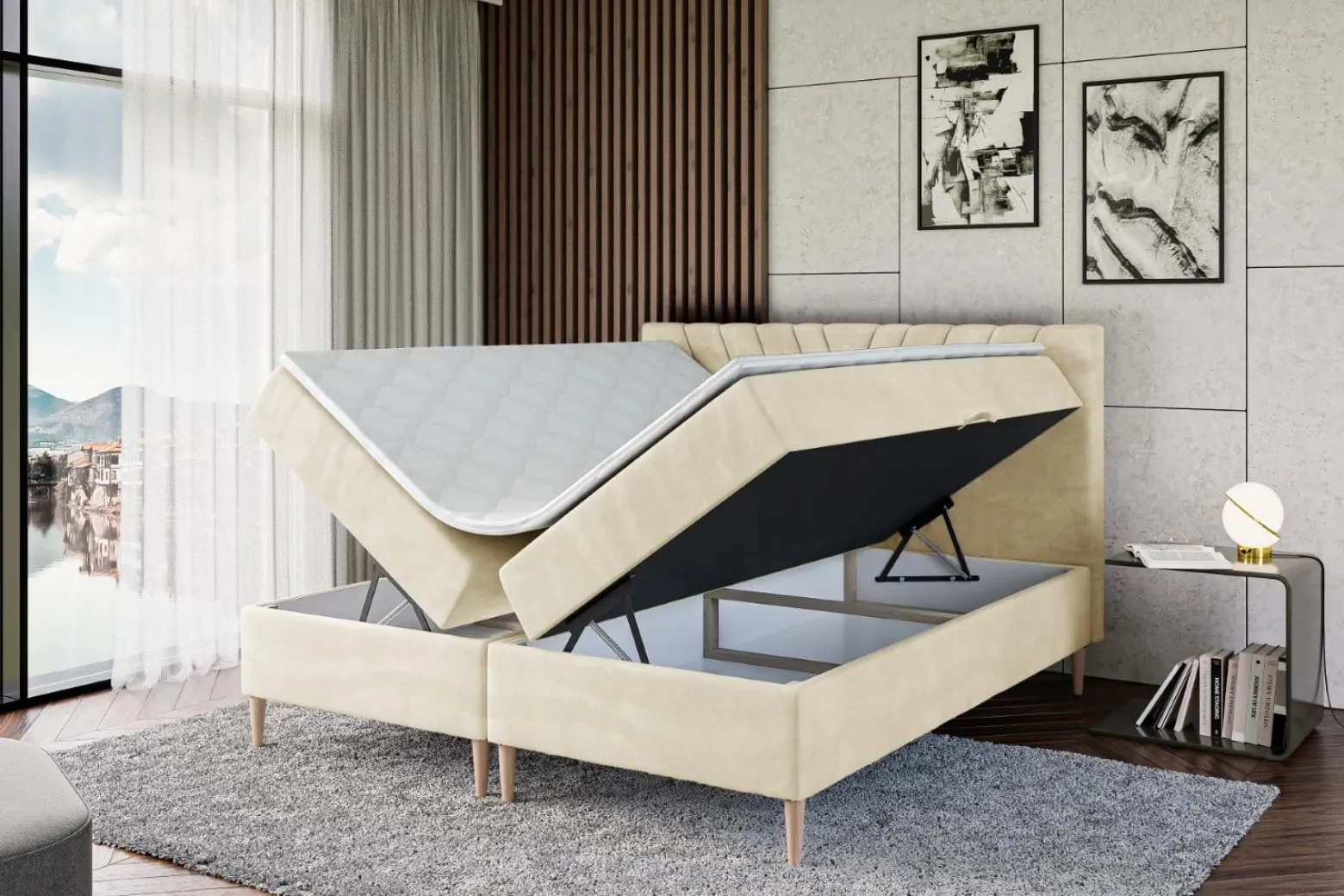 Łóżko kontynentalne z pojemnikiem, materacem i nóżkami ERNINA-FD 120x200 cm